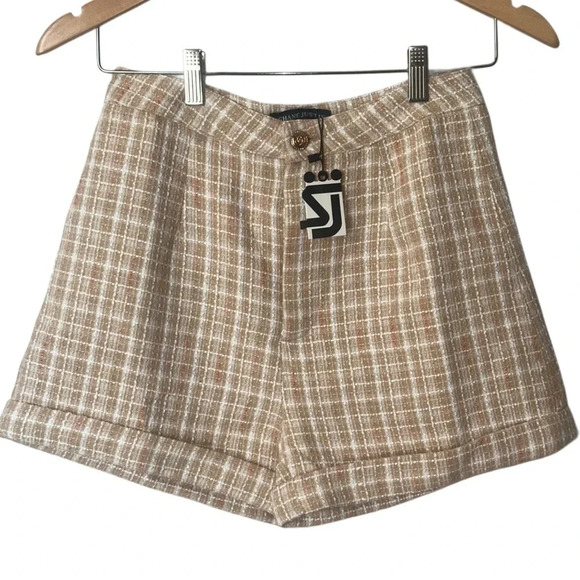 Shaun Justin Tan and Cream Tweed cuffed Y2K mini Shorts - Picture 2 of 11